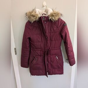 Hollister Burgundy Puffer Jacket with Faux Fur Hood